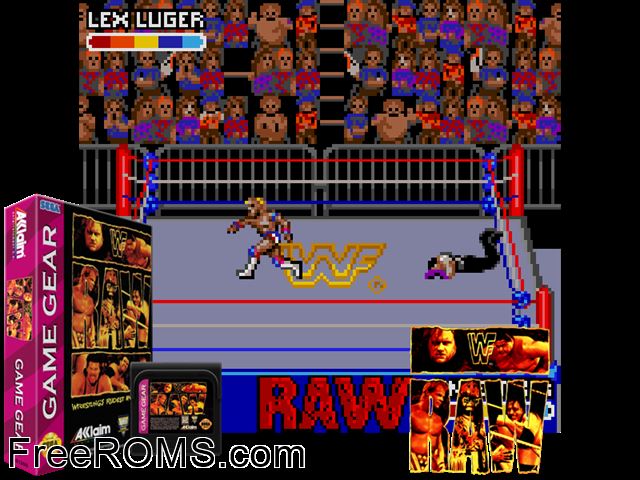 WWF Raw Game Gear game showing 3D box cover and gameplay screenshot